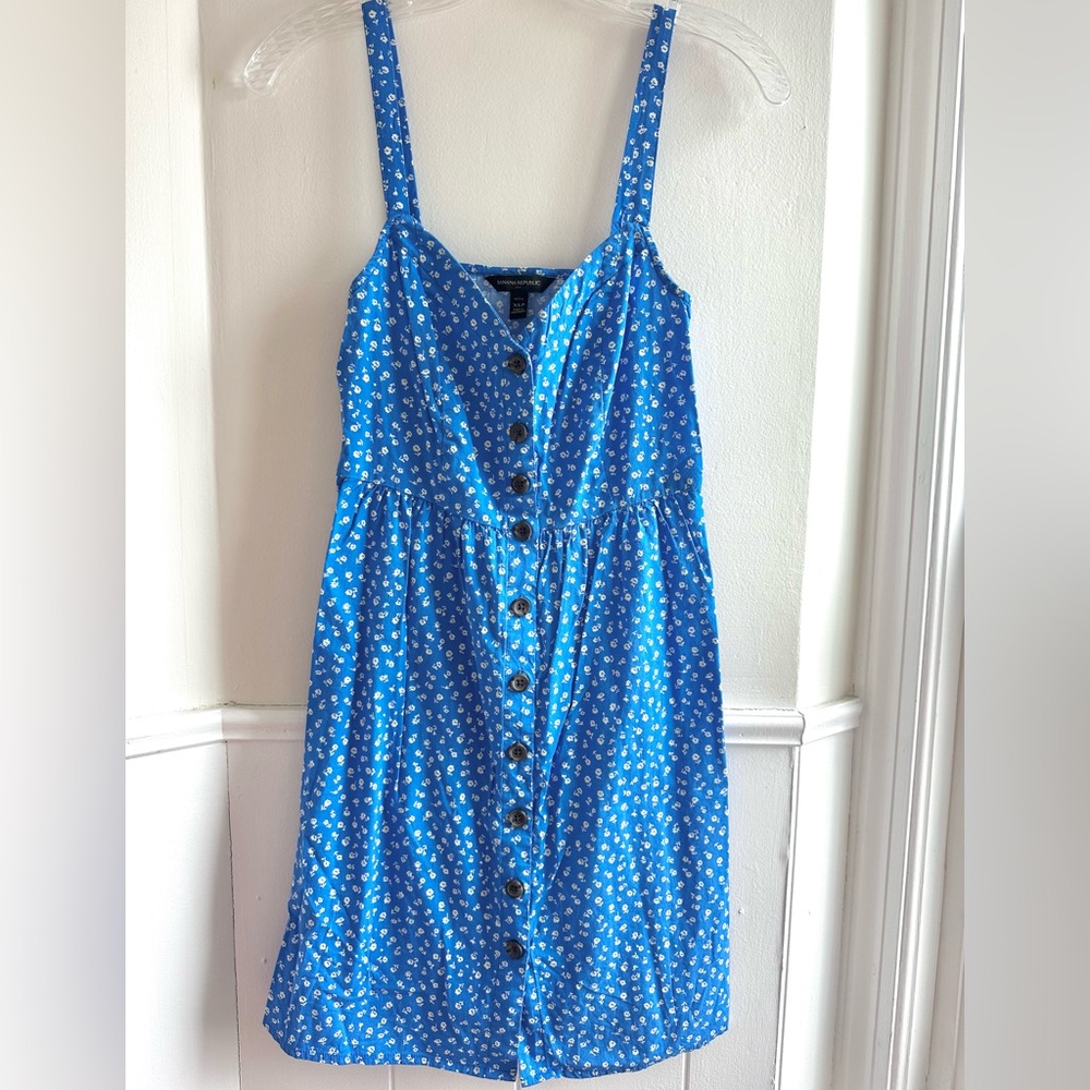 Banana Republic Blue White Floral Print Button Up Front Spring Dress Size XSP
